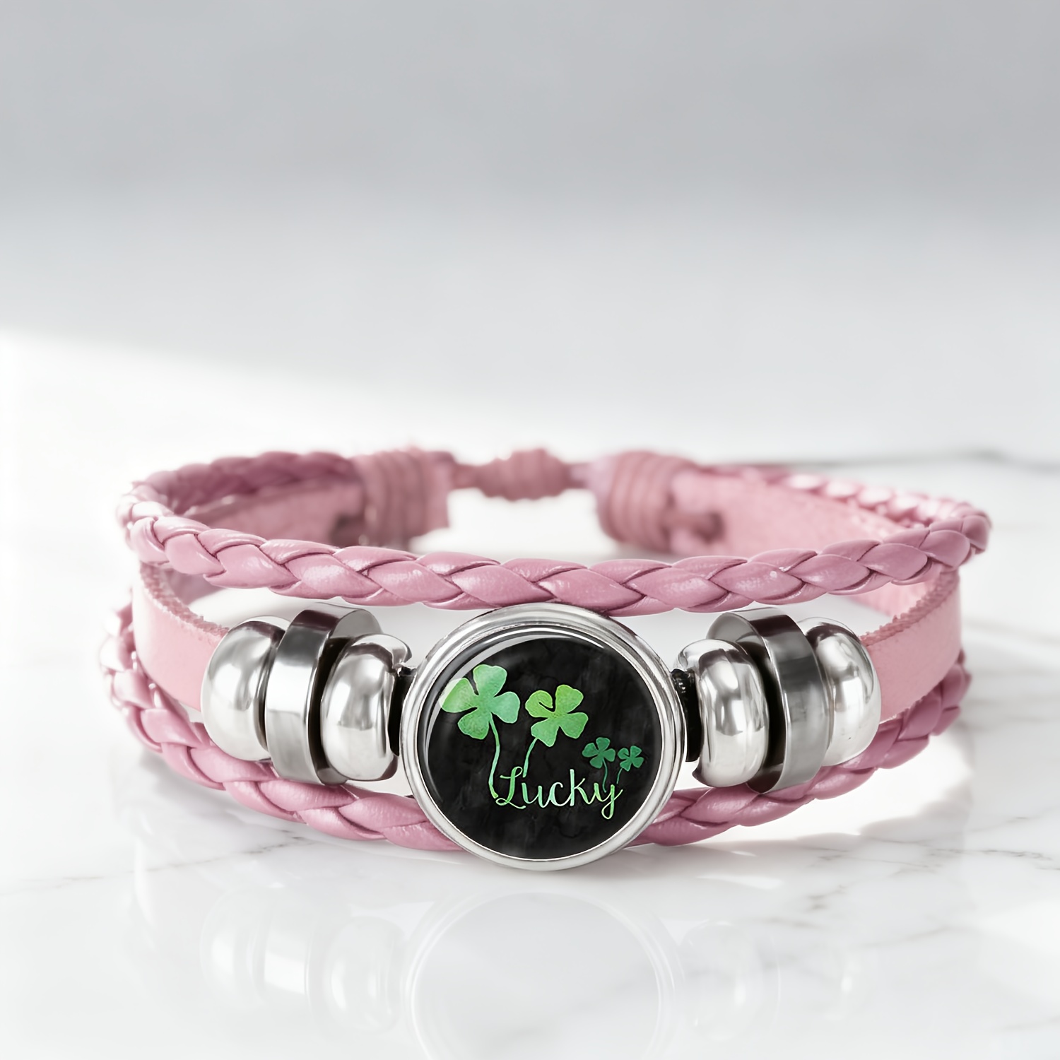 Women's Pink Bracelet with Green Four-Leaf Clover